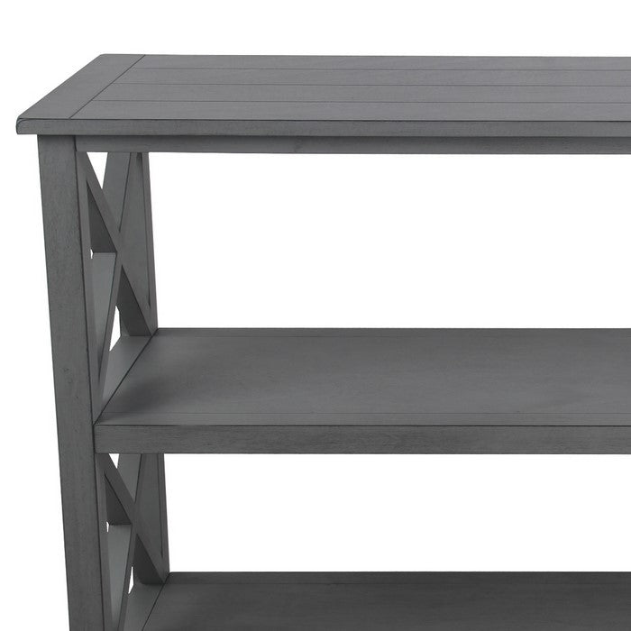 Wooden Console Table with Two Open Shelves and X Style Braces, Gray