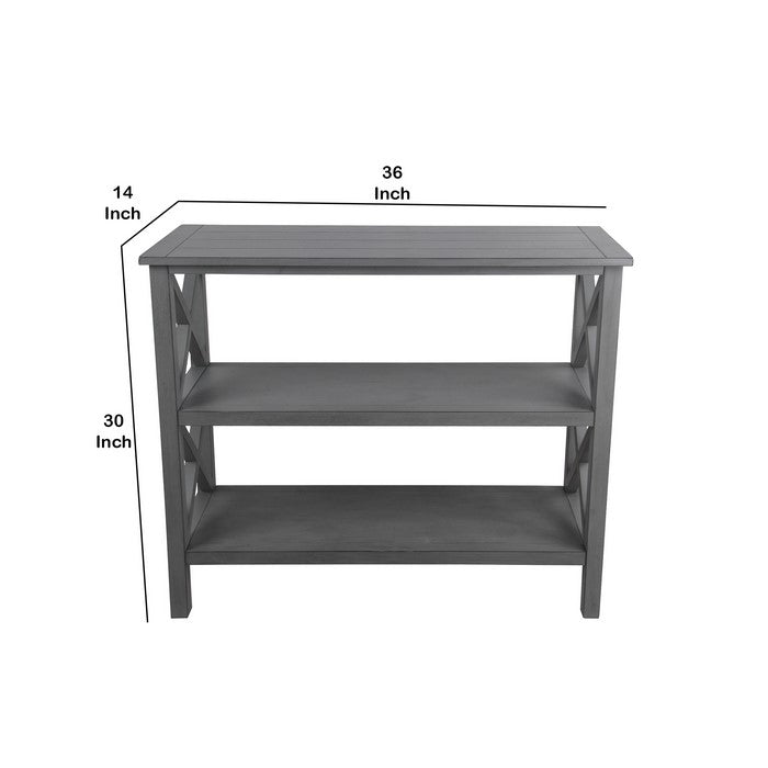 Wooden Console Table with Two Open Shelves and X Style Braces, Gray