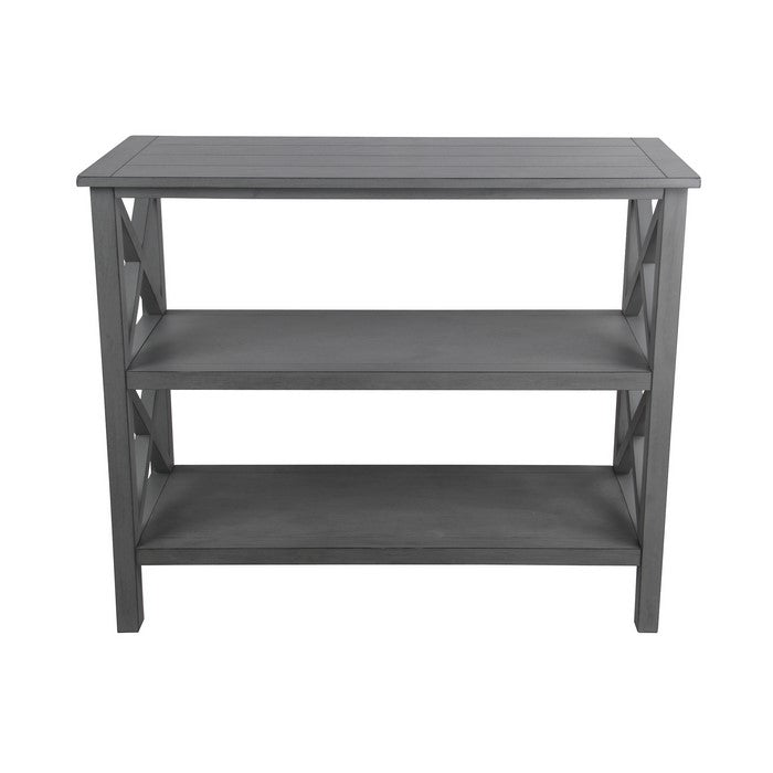 Wooden Console Table with Two Open Shelves and X Style Braces, Gray