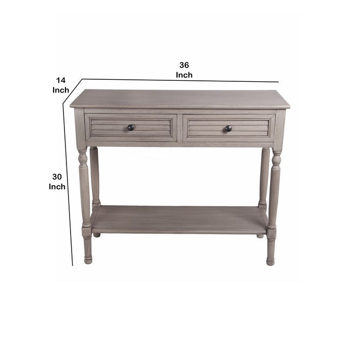 Wooden Console Table with 2 Louvered Drawers and 1 Open Shelve, Gray