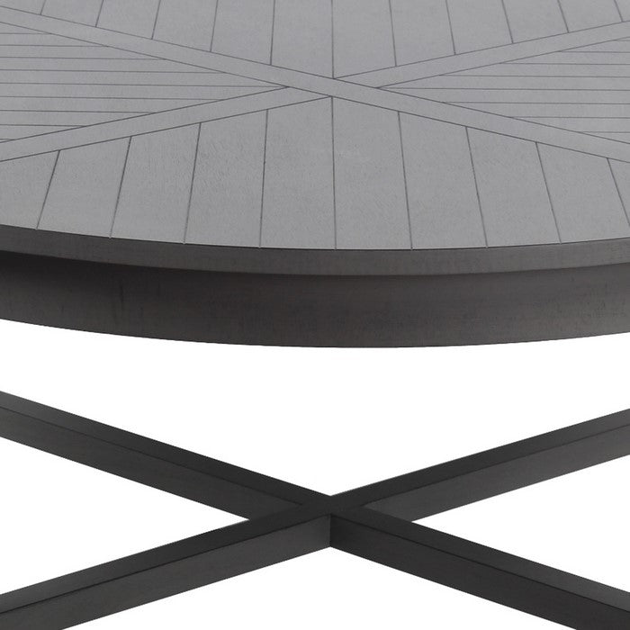 Wooden Round Coffee Table with Grooved Panel Design, Gray