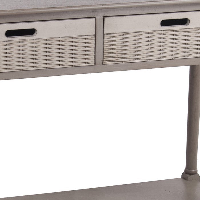 Wooden Console Table with 2 Basket Like Drawers and 1 Open Shelf, Gray