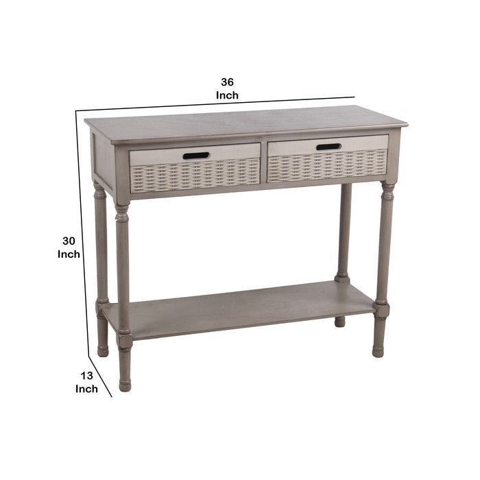 Wooden Console Table with 2 Basket Like Drawers and 1 Open Shelf, Gray