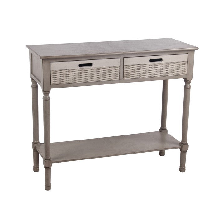 Wooden Console Table with 2 Basket Like Drawers and 1 Open Shelf, Gray