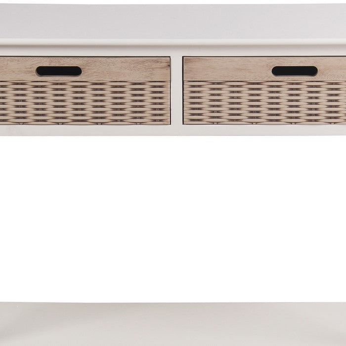 Wooden Console Table with 2 Basket Like Drawers, White and Brown