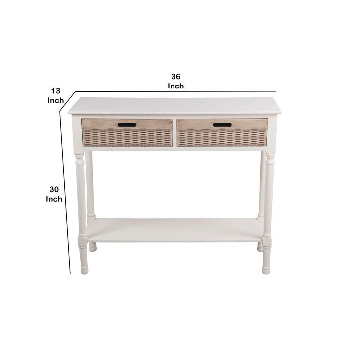Wooden Console Table with 2 Basket Like Drawers, White and Brown