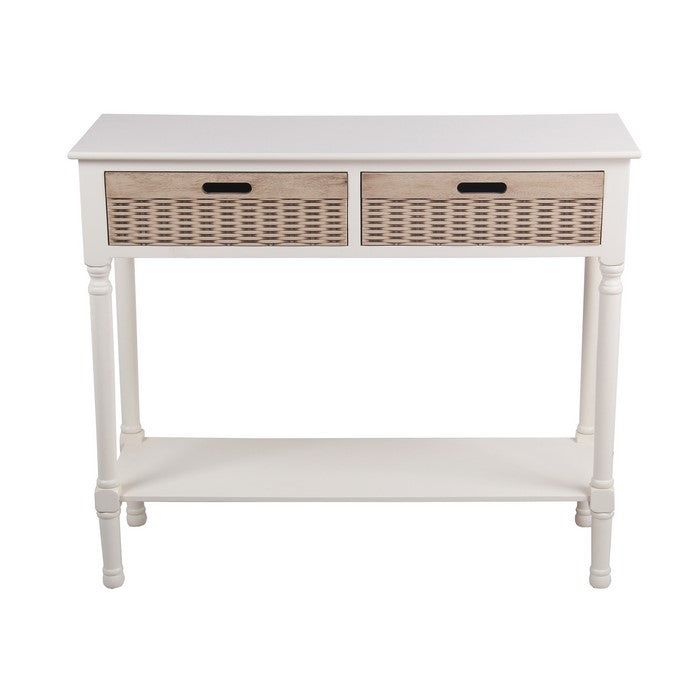 Wooden Console Table with 2 Basket Like Drawers, White and Brown