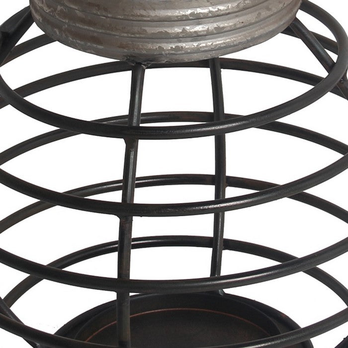Metal Lantern with Cage Style Frame and Handle, Gray and Black