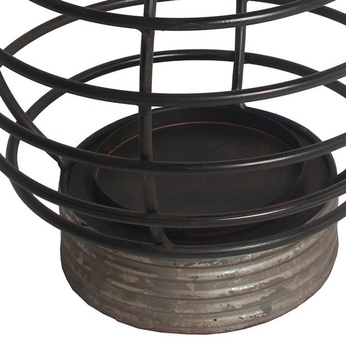 Metal Lantern with Cage Style Frame and Handle, Gray and Black