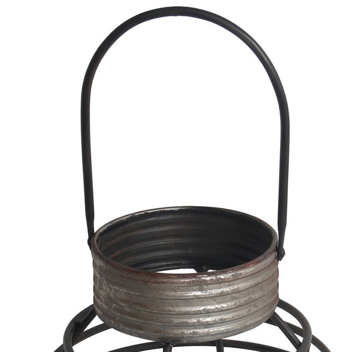 Metal Lantern with Cage Style Frame and Handle, Gray and Black
