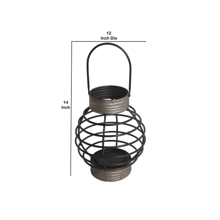Metal Lantern with Cage Style Frame and Handle, Gray and Black