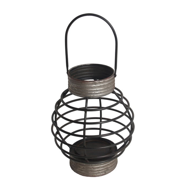 Metal Lantern with Cage Style Frame and Handle, Gray and Black