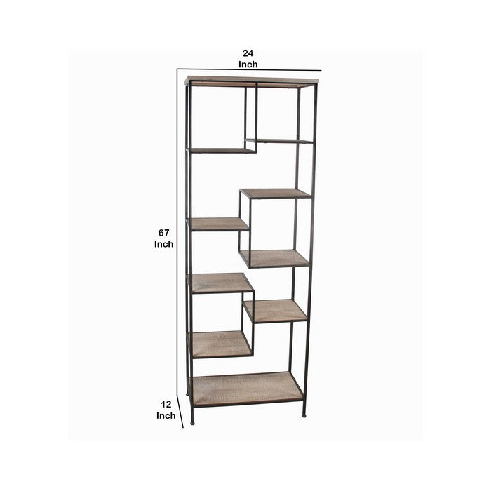 Wood and Metal Bakers Rack with 9 Open Shelves, Brown and Black