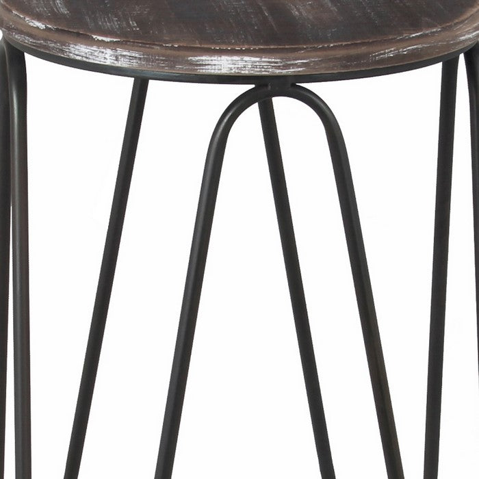 Wood and Metal Bar Height Stool with Hairpin Legs, Set of Two, Brown and Black