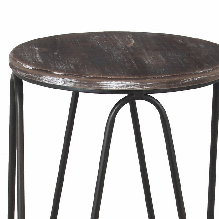 Wood and Metal Bar Height Stool with Hairpin Legs, Set of Two, Brown and Black