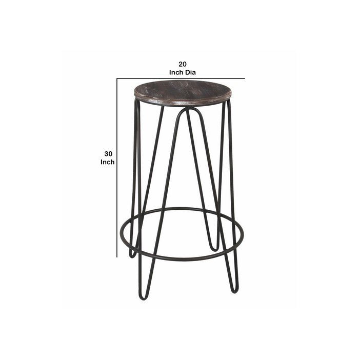 Wood and Metal Bar Height Stool with Hairpin Legs, Set of Two, Brown and Black