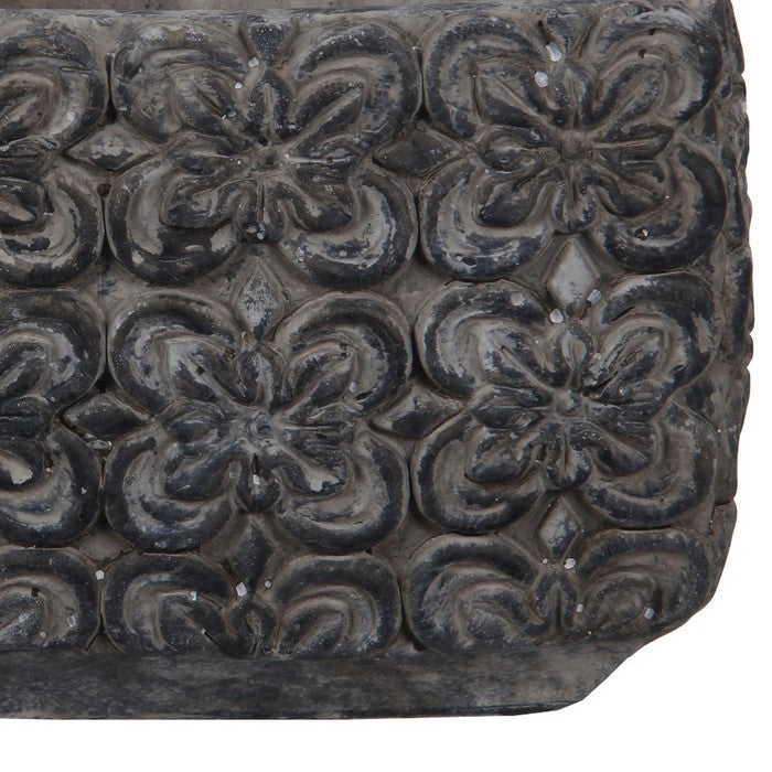 Cement Decorative Vase with Embossed Floral Design, Gray