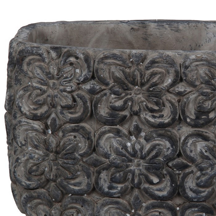 Cement Decorative Vase with Embossed Floral Design, Gray