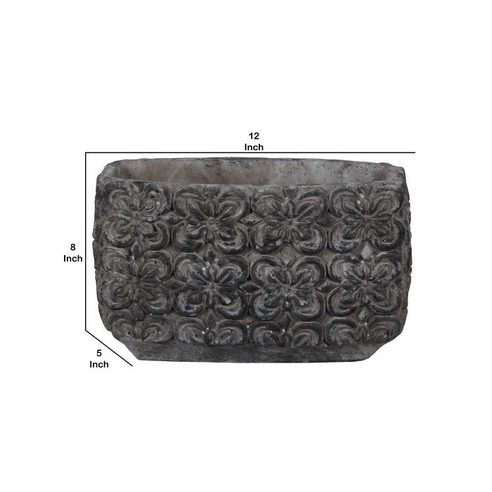 Cement Decorative Vase with Embossed Floral Design, Gray