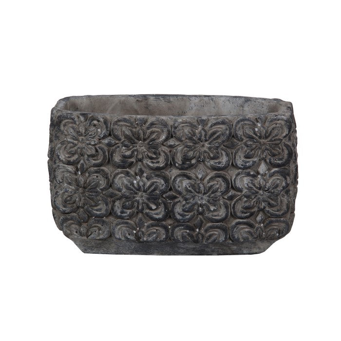 Cement Decorative Vase with Embossed Floral Design, Gray