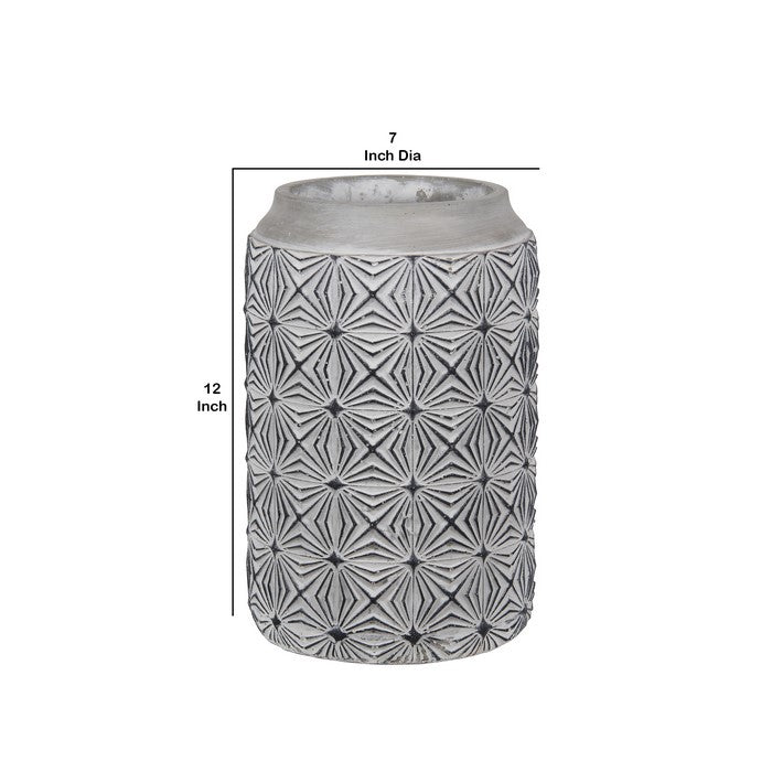 Large Size Cement Table Vase with Geometric Design, White and Gray