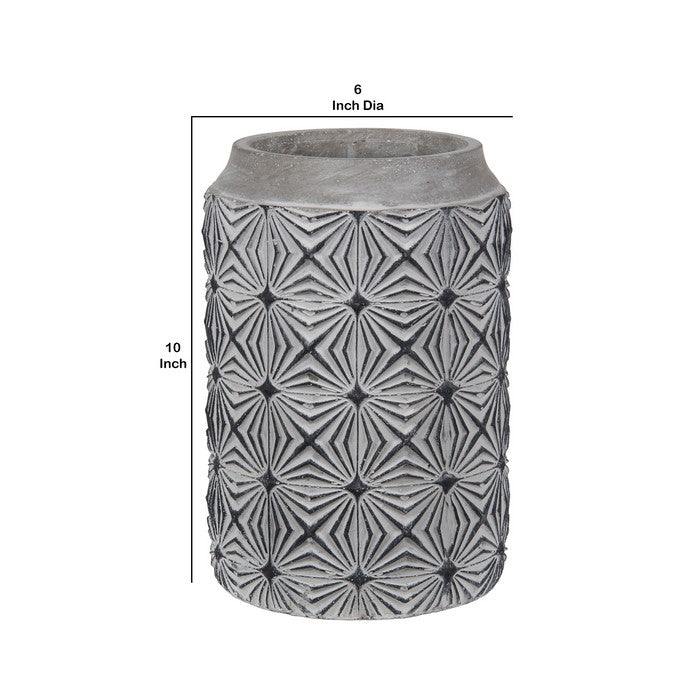 Small Size Cement Table Vase with Geometric Design, White and Gray