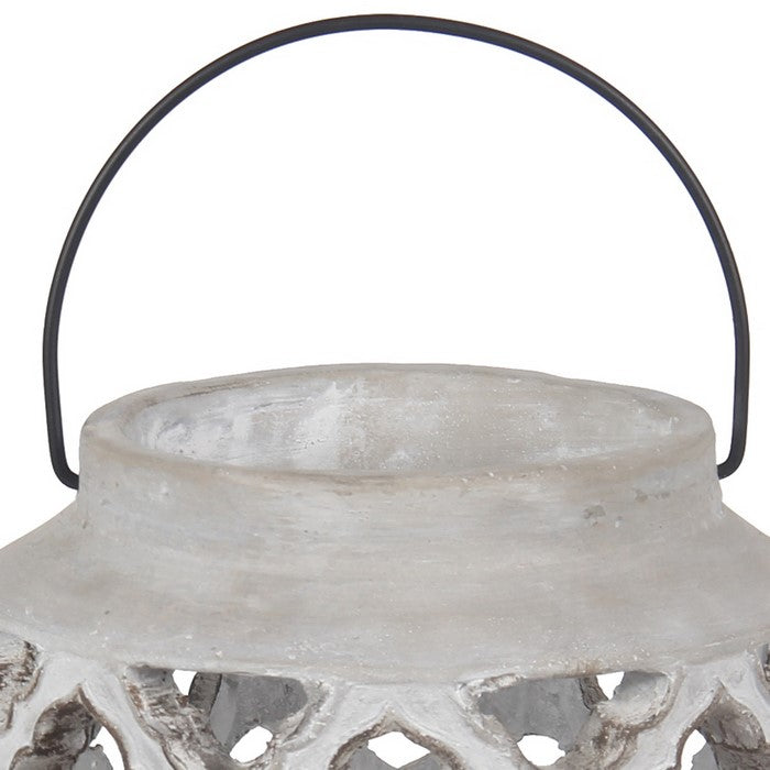 Cement Lantern with Cut Out Design and Hollow Space, Gray