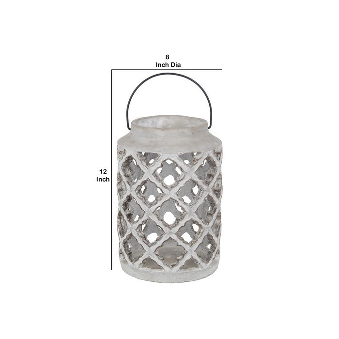 Cement Lantern with Cut Out Design and Hollow Space, Gray