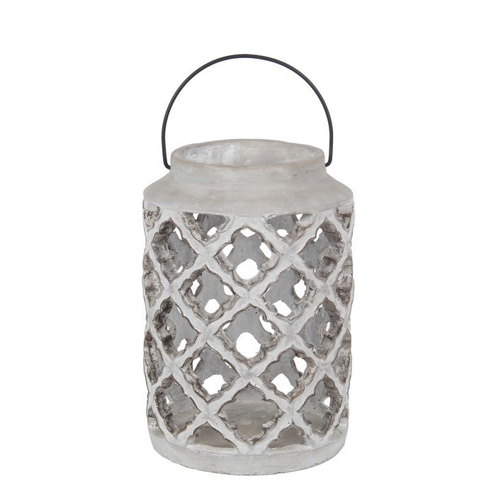 Cement Lantern with Cut Out Design and Hollow Space, Gray