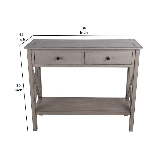 Wooden Console Table with Two Drawers and X Style Braces, Gray