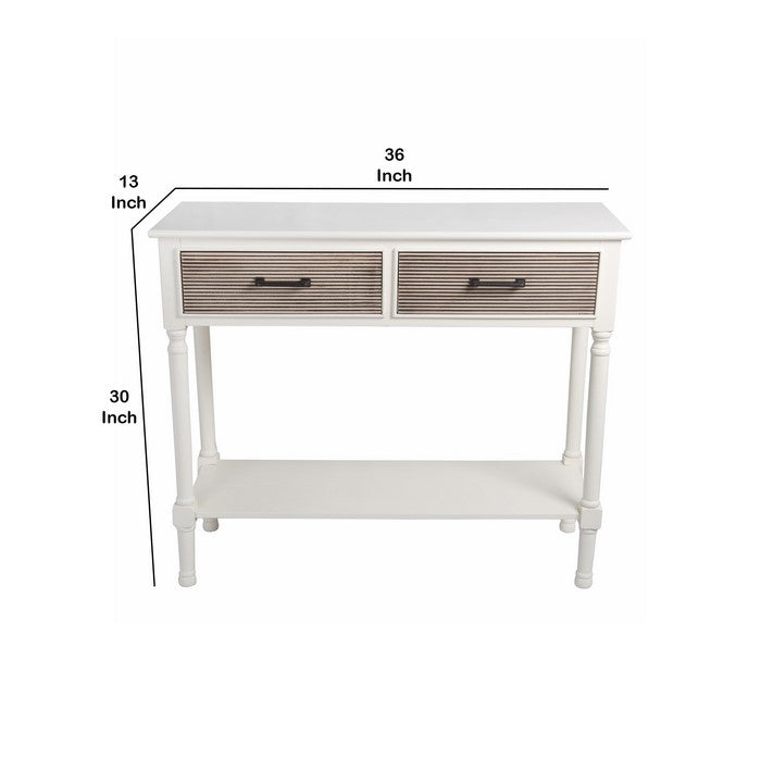 Wooden Console Table with 2 Drawers and Ribbed Design,White and Brown