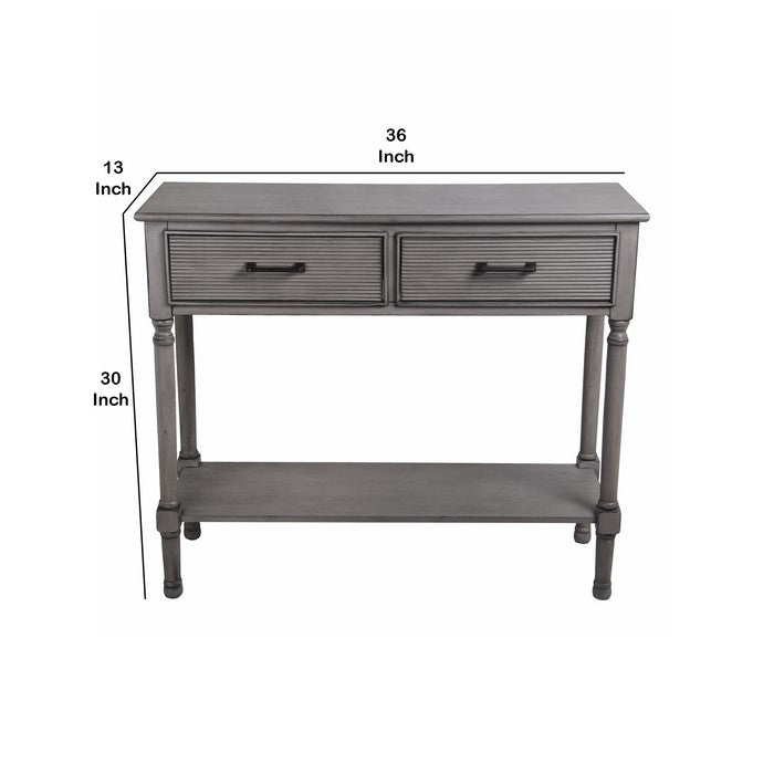 Wooden Console Table with 2 Spacious Drawers and Ribbed Design, Gray