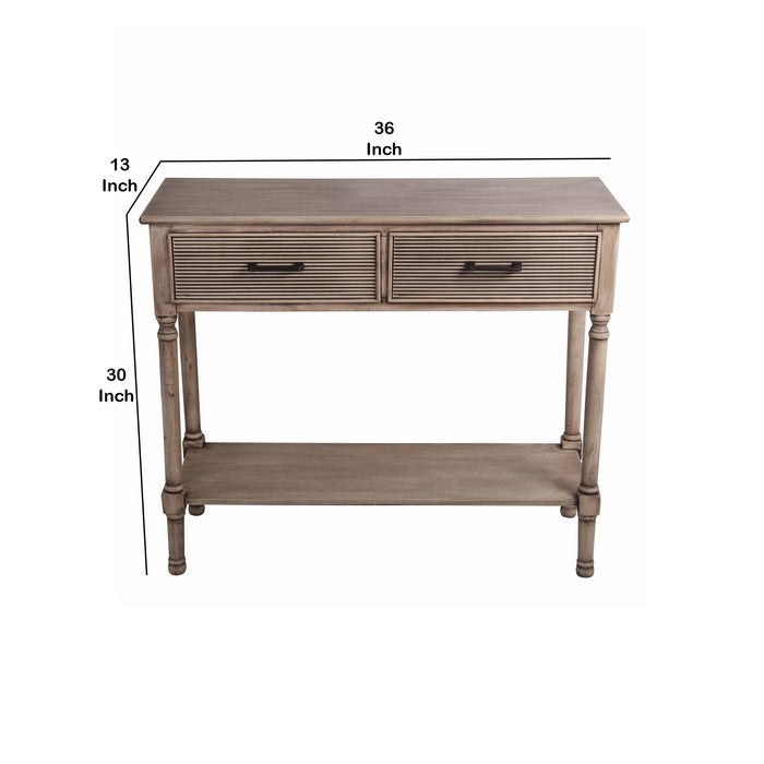Wooden Console Table with 2 Spacious Drawers and Ribbed Design, Brown