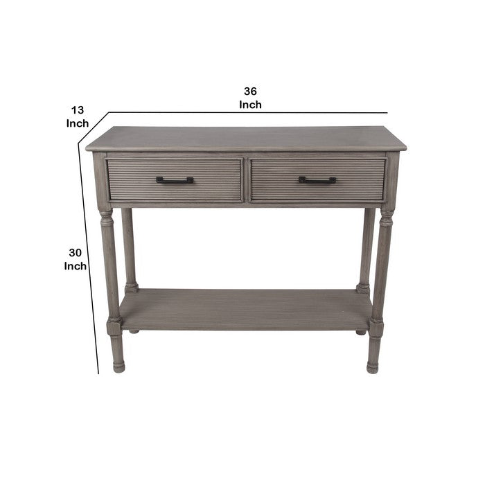 Wooden Console Table with 2 Storage Drawers and Ribbed Design, Gray