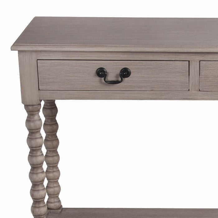 Wooden Console Table with Two Spacious Drawers and Turned Legs, Gray