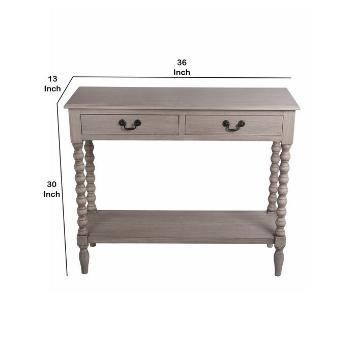 Wooden Console Table with Two Spacious Drawers and Turned Legs, Gray