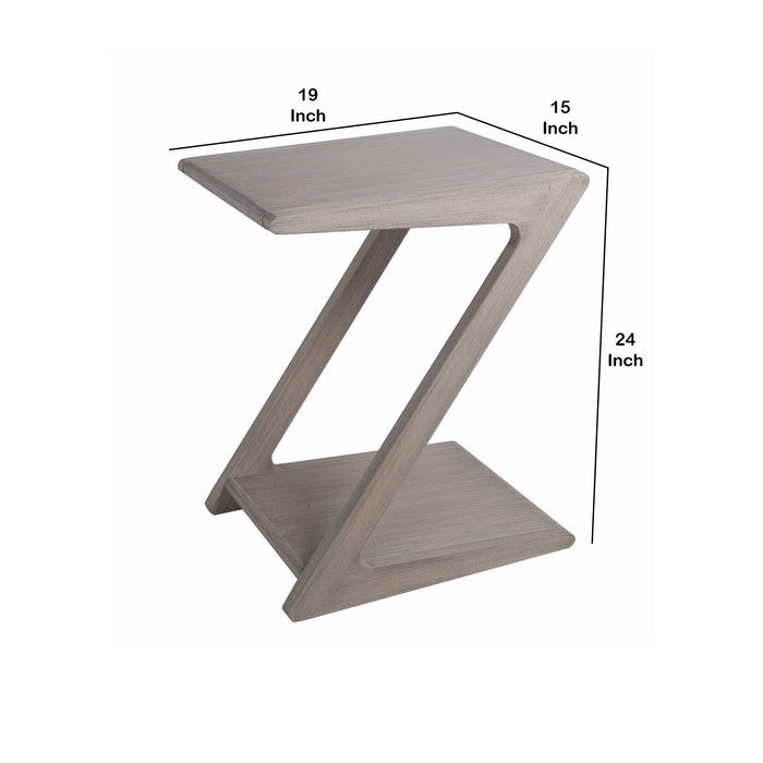 Transitional Wooden Side Table with Unique Z Shape Structure, Gray