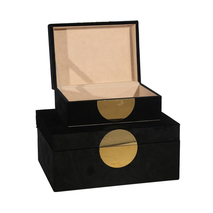 Velvet Upholstered Wooden Jewelry Box, Set of 2, Black and Gold