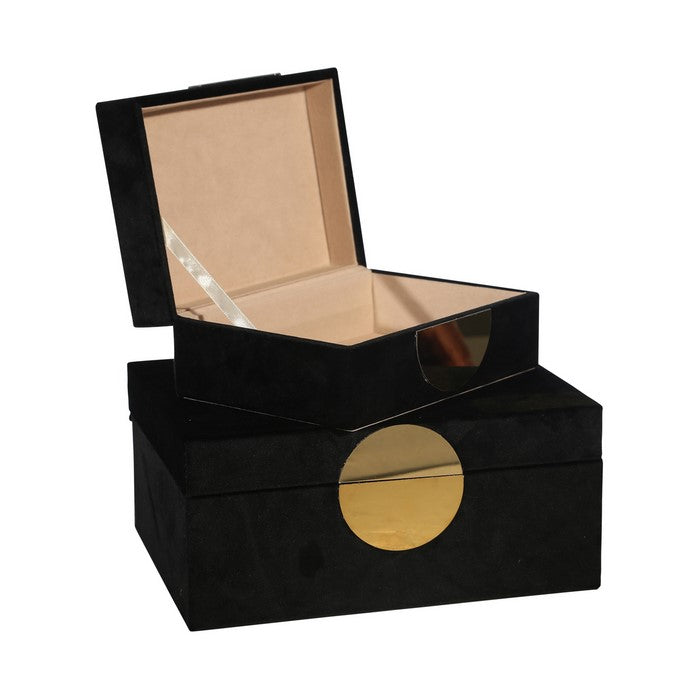 Velvet Upholstered Wooden Jewelry Box, Set of 2, Black and Gold