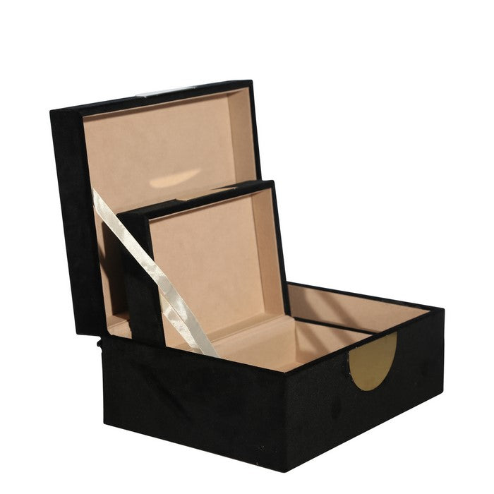 Velvet Upholstered Wooden Jewelry Box, Set of 2, Black and Gold