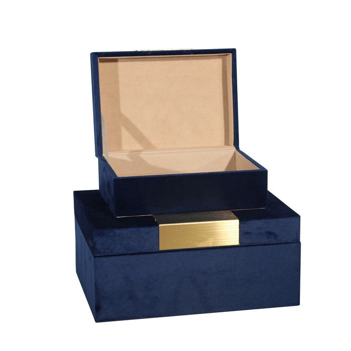 Velvet Upholstered Wooden Jewelry Box, Set of 2, Blue and Gold