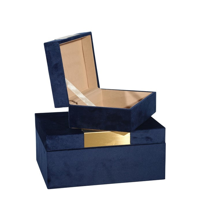 Velvet Upholstered Wooden Jewelry Box, Set of 2, Blue and Gold