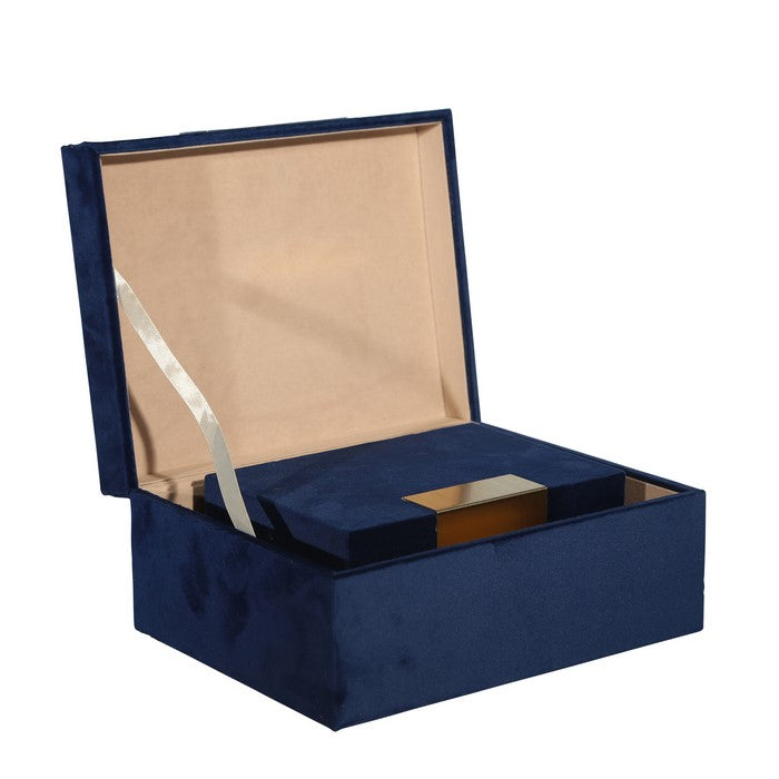 Velvet Upholstered Wooden Jewelry Box, Set of 2, Blue and Gold