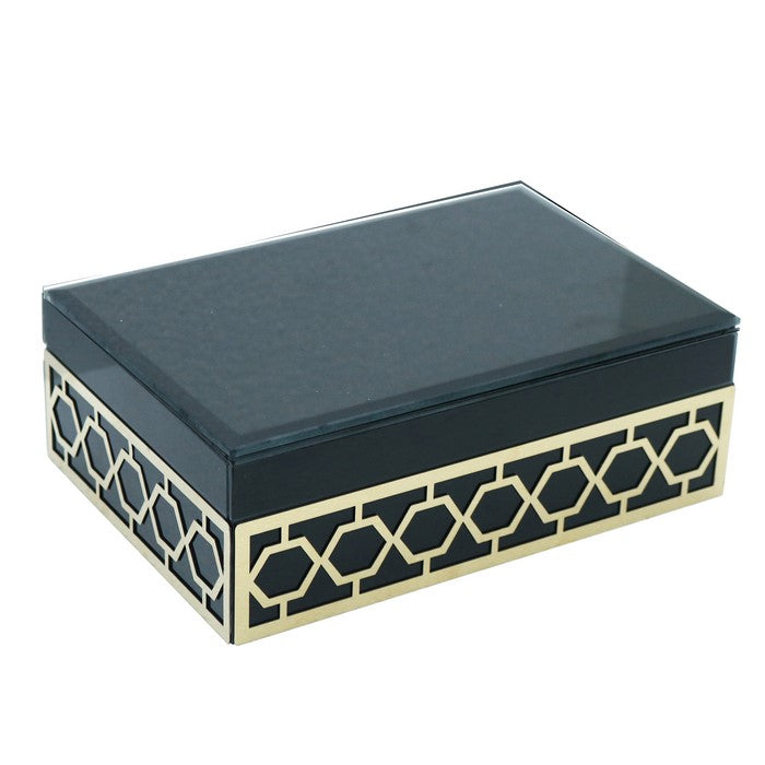 Wooden Jewelry Box with Metal Hexagon Design, Set of 2,Blue and Gold
