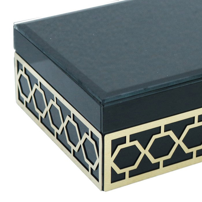 Wooden Jewelry Box with Metal Hexagon Design, Set of 2,Blue and Gold
