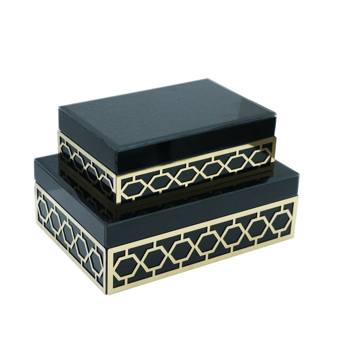 Wooden Jewelry Box with Metal Hexagon Design, Set of 2,Blue and Gold