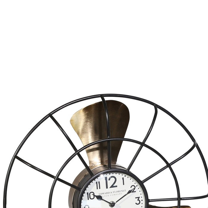 Metal Fan Style Table Clock with Pedestal Base, Small, Gold and Bronze