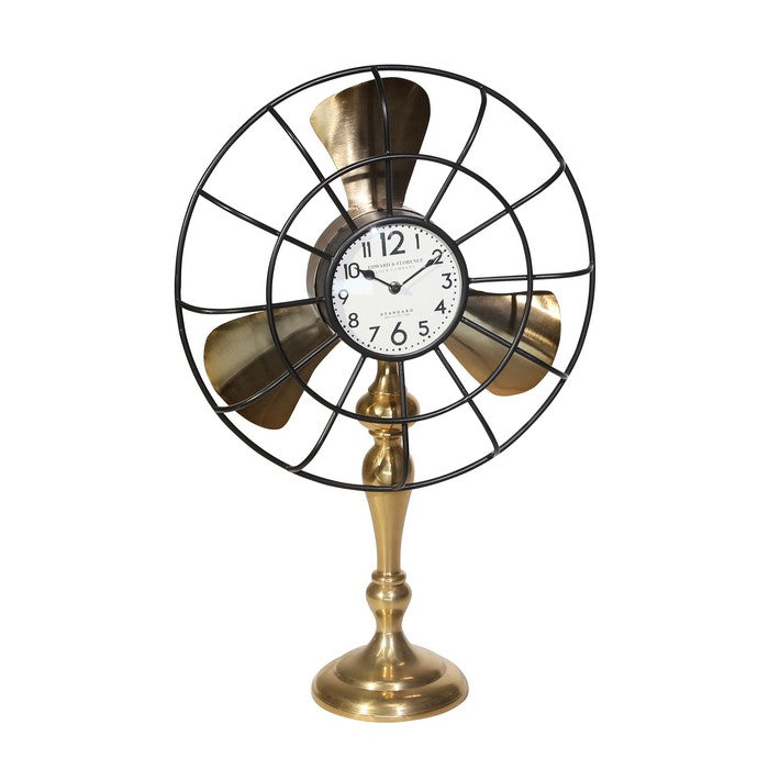 Metal Fan Style Table Clock with Pedestal Base, Small, Gold and Bronze