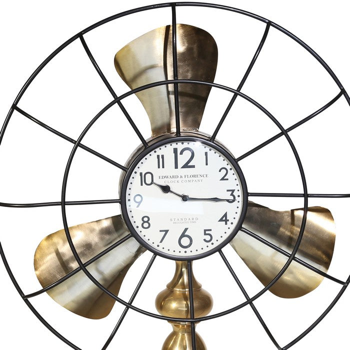 Metal Fan Style Table Clock with Pedestal Base, Large, Gold and Bronze