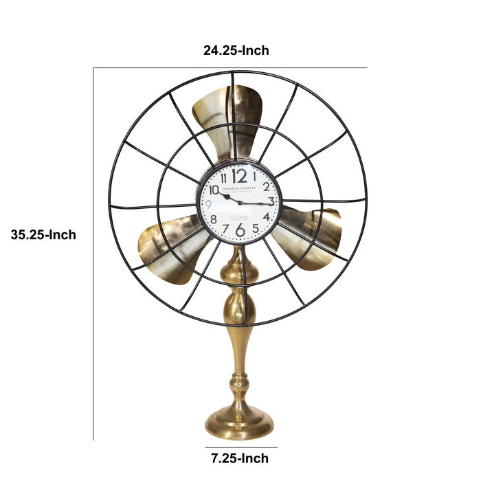 Metal Fan Style Table Clock with Pedestal Base, Large, Gold and Bronze